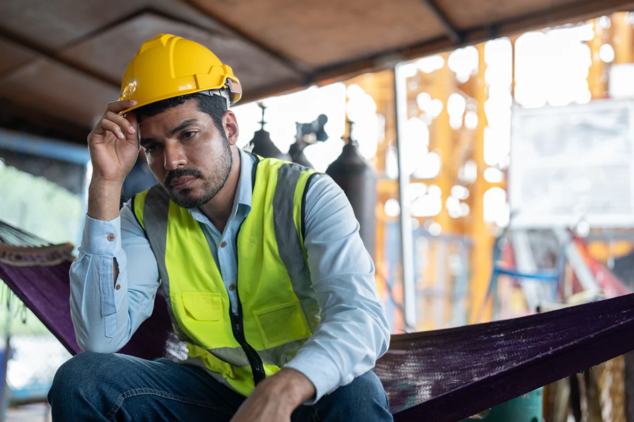 A stressed construction worker sitting while touching his helmet.