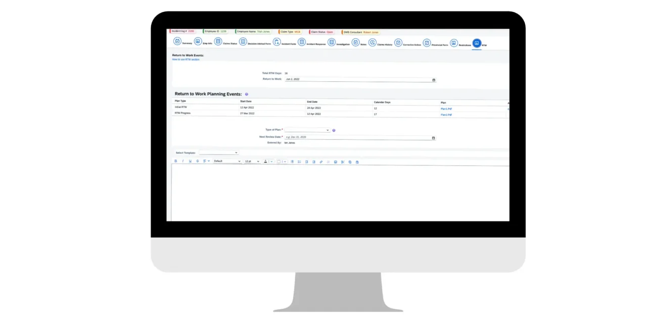 FMLA software with return-to-work plans on a computer screen.