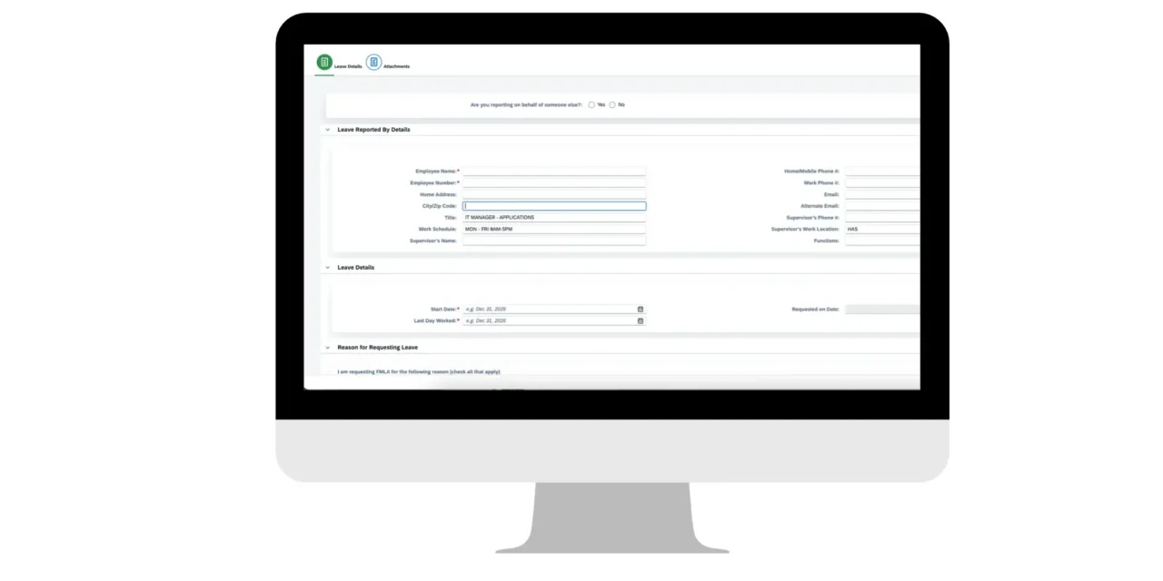 FMLA case management software with leave balances on a computer screen.
